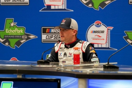 Mar 25, 2023; Austin, Texas, USA;  NASCAR Cup Series driver William Byron (24) addresses the media after gaining pole position at Circuit of the Americas. Mandatory Credit: Daniel Dunn-USA TODAY Sports