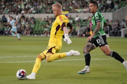 Mar 25, 2023; Austin, Texas, USA; Colorado Rapids goalkeeper William Yarbrough (22) and Austin FC forward Sebastian Driussi (10) in action during the first half at Q2 Stadium. Mandatory Credit: Scott Wachter-USA TODAY Sports