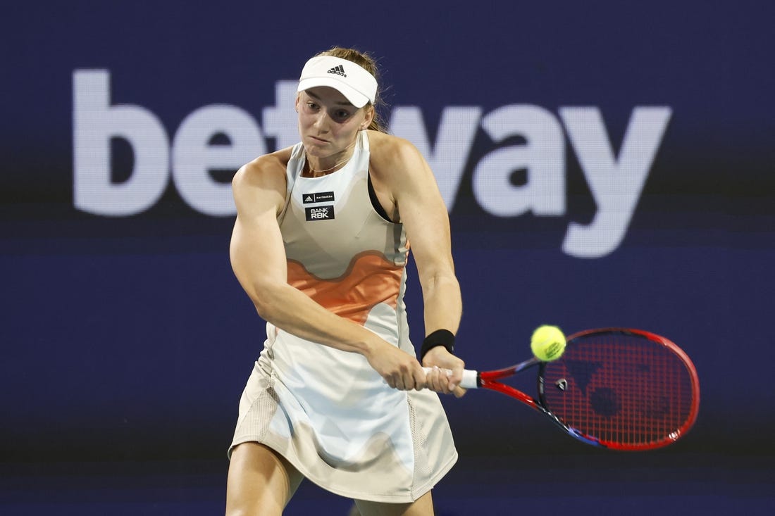 Mar 25, 2023; Miami, Florida, US; Elena Rybakina (KAZ) hits a backhand against Paula Badosa (ESP) (not pictured) on day six of the Miami Open at Hard Rock Stadium. Mandatory Credit: Geoff Burke-USA TODAY Sports