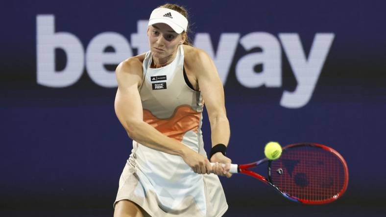 Mar 25, 2023; Miami, Florida, US; Elena Rybakina (KAZ) hits a backhand against Paula Badosa (ESP) (not pictured) on day six of the Miami Open at Hard Rock Stadium. Mandatory Credit: Geoff Burke-USA TODAY Sports