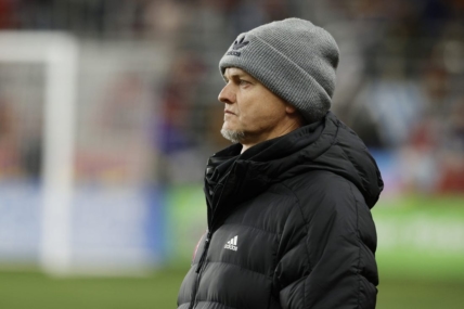 Mar 25, 2023; Sandy, Utah, USA; St. Louis City head coach Bradley Carnell keeps an eye on the action in the second half against the Real Salt Lake at America First Field. Mandatory Credit: Jeffrey Swinger-USA TODAY Sports
