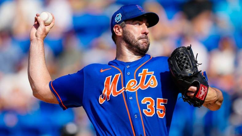 Mar 26, 2023; Port St. Lucie, Florida, USA; New York Mets starting pitcher Justin Verlander (35) throws a pitch against the Miami Marlins during the first inning at Clover Park. Mandatory Credit: Rich Storry-USA TODAY Sports