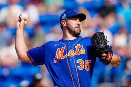 Mar 26, 2023; Port St. Lucie, Florida, USA; New York Mets starting pitcher Justin Verlander (35) throws a pitch against the Miami Marlins during the first inning at Clover Park. Mandatory Credit: Rich Storry-USA TODAY Sports
