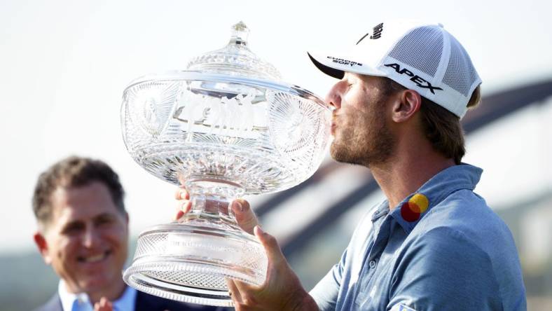 Mar 26, 2023; Austin, Texas, USA; Sam Burns wins the championship match against Cameron Young during the final day of the World Golf Championships-Dell Technologies Match Play golf tournament. Mandatory Credit: Dustin Safranek-USA TODAY Sports