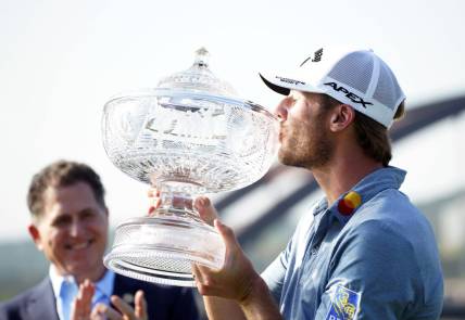 Mar 26, 2023; Austin, Texas, USA; Sam Burns wins the championship match against Cameron Young during the final day of the World Golf Championships-Dell Technologies Match Play golf tournament. Mandatory Credit: Dustin Safranek-USA TODAY Sports