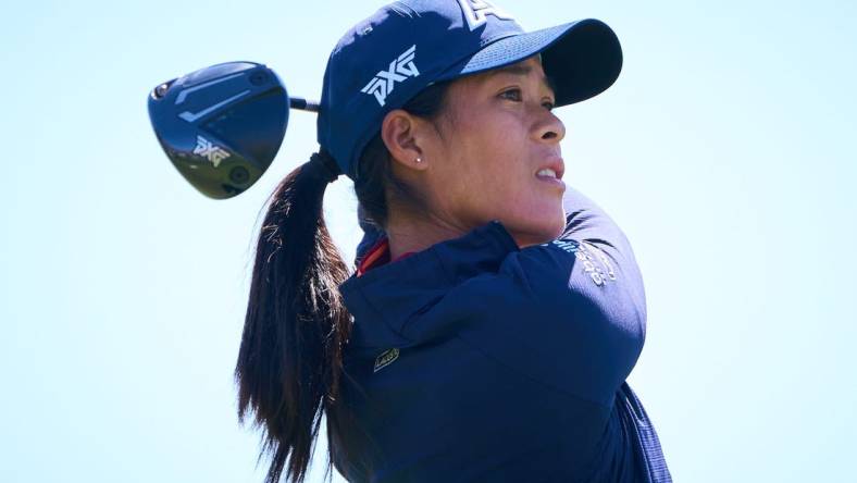 Mar 26, 2023; Gold Canyon, AZ, USA; Celine Boutier tees off on the first hole during the final round of the LPGA Drive On Championship on the Prospector Course at Superstition Mountain Golf and Country Club in Gold Canyon, on March 26, 2023. Mandatory Credit: Alex Gould/The Republic

Lpga At Superstition Mountain Final Round