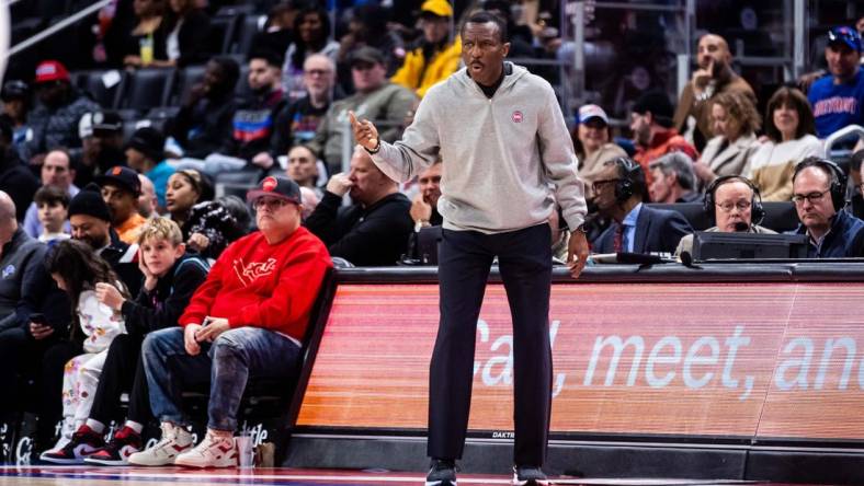 Mar 19, 2023; Detroit, Michigan, USA; Detroit Pistons head coach Dwane Casey calls to his team in the second half against the Miami Heat at Little Caesars Arena. Mandatory Credit: Allison Farrand-USA TODAY Sports