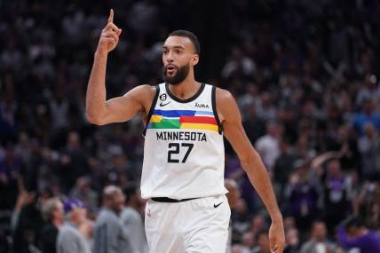 Mar 27, 2023; Sacramento, California, USA; Minnesota Timberwolves center Rudy Gobert (27) reacts after being called for a foul against the Sacramento Kings in the second quarter at the Golden 1 Center. Mandatory Credit: Cary Edmondson-USA TODAY Sports