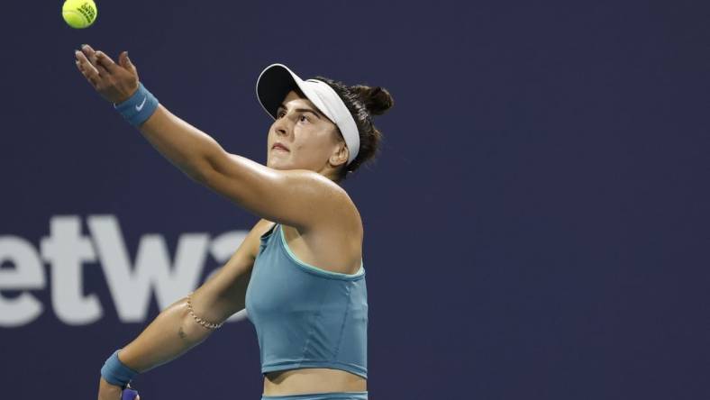 Mar 27, 2023; Miami, Florida, US; Bianca Andreescu (CAN) serves against Ekaterina Alexandrova (not pictured) on day eight of the Miami Open at Hard Rock Stadium. Mandatory Credit: Geoff Burke-USA TODAY Sports