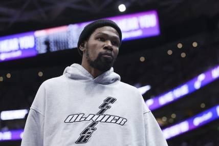 Mar 27, 2023; Salt Lake City, Utah, USA; Phoenix Suns forward Kevin Durant (35) looks on during a timeout against the Utah Jazz in the first half at Vivint Arena. Mandatory Credit: Rob Gray-USA TODAY Sports