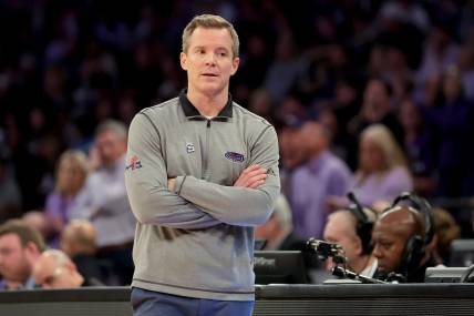 Mar 25, 2023; New York, NY, USA; Florida Atlantic Owls head coach Dusty May coaches against the Kansas State Wildcats during the first half at Madison Square Garden. Mandatory Credit: Brad Penner-USA TODAY Sports