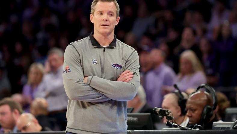 Mar 25, 2023; New York, NY, USA; Florida Atlantic Owls head coach Dusty May coaches against the Kansas State Wildcats during the first half at Madison Square Garden. Mandatory Credit: Brad Penner-USA TODAY Sports