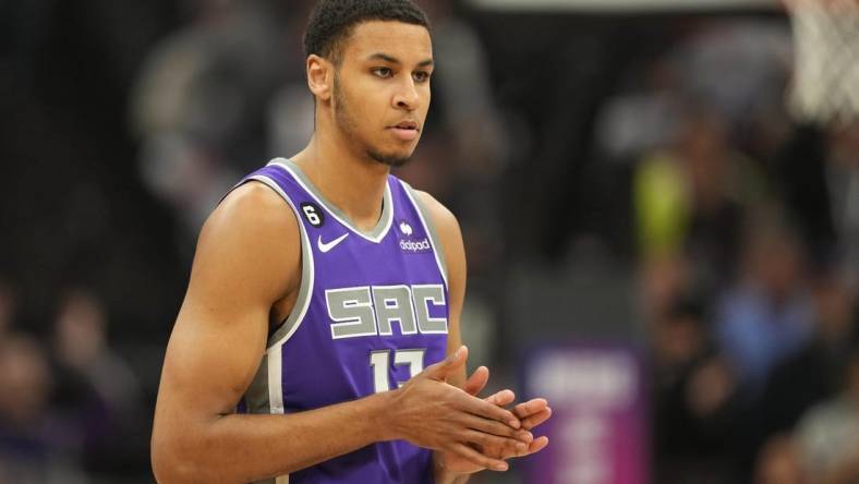 Mar 25, 2023; Sacramento, California, USA; Sacramento Kings forward Keegan Murray (13) before the game against the Utah Jazz at Golden 1 Center. Mandatory Credit: Darren Yamashita-USA TODAY Sports