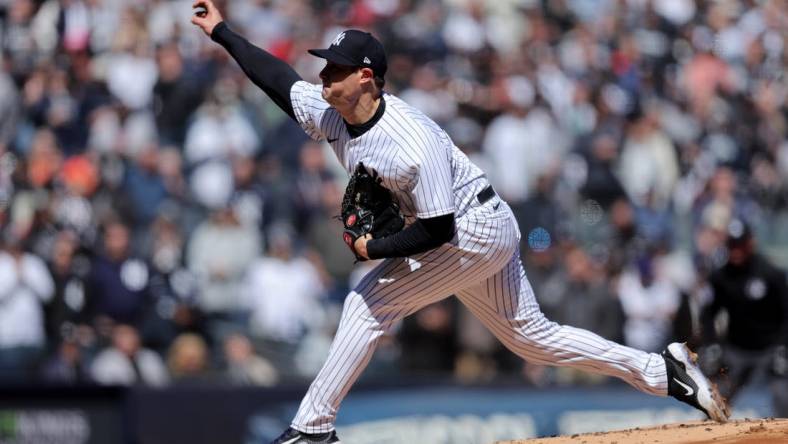 Mar 30, 2023; Bronx, New York, USA; New York Yankees starting pitcher Gerrit Cole (45) pitches against the San Francisco Giants during the first inning at Yankee Stadium. Mandatory Credit: Brad Penner-USA TODAY Sports