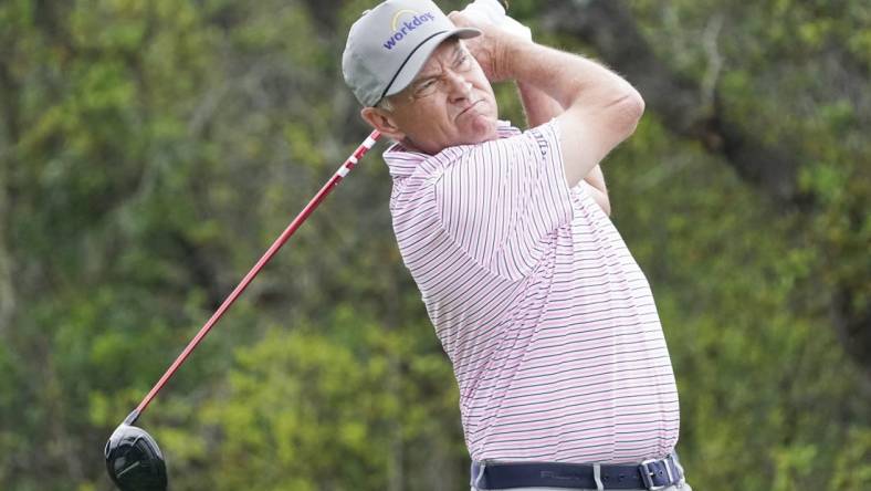 Mar 30, 2023; San Antonio, Texas, USA; Davis Love III plays his shot from the first tee during the first round of the Valero Texas Open golf tournament. Mandatory Credit: Raymond Carlin III-USA TODAY Sports