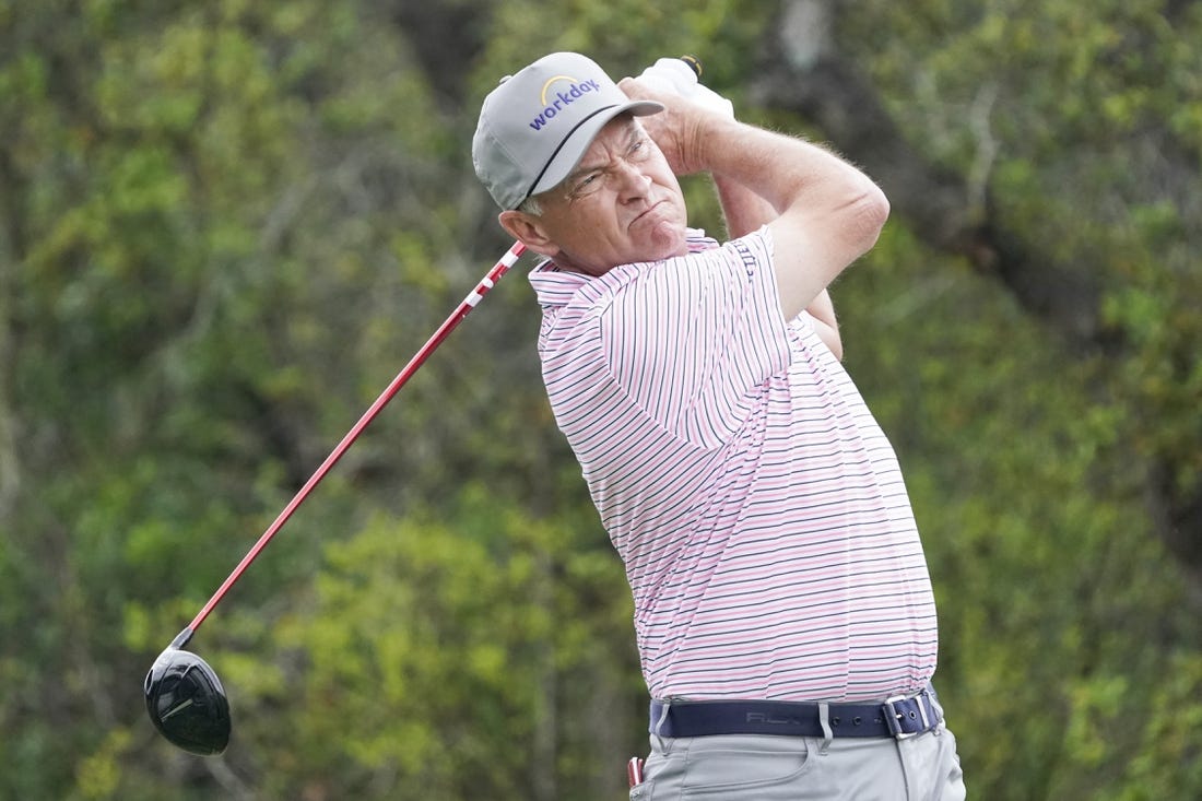 Mar 30, 2023; San Antonio, Texas, USA; Davis Love III plays his shot from the first tee during the first round of the Valero Texas Open golf tournament. Mandatory Credit: Raymond Carlin III-USA TODAY Sports