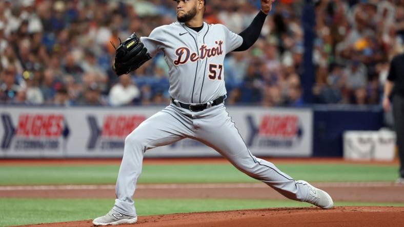 Mar 30, 2023; St. Petersburg, Florida, USA; Detroit Tigers starting pitcher Eduardo Rodriguez (57) throws a pitch against the Tampa Bay Rays during the first inning at Tropicana Field. Mandatory Credit: Kim Klement-USA TODAY Sports