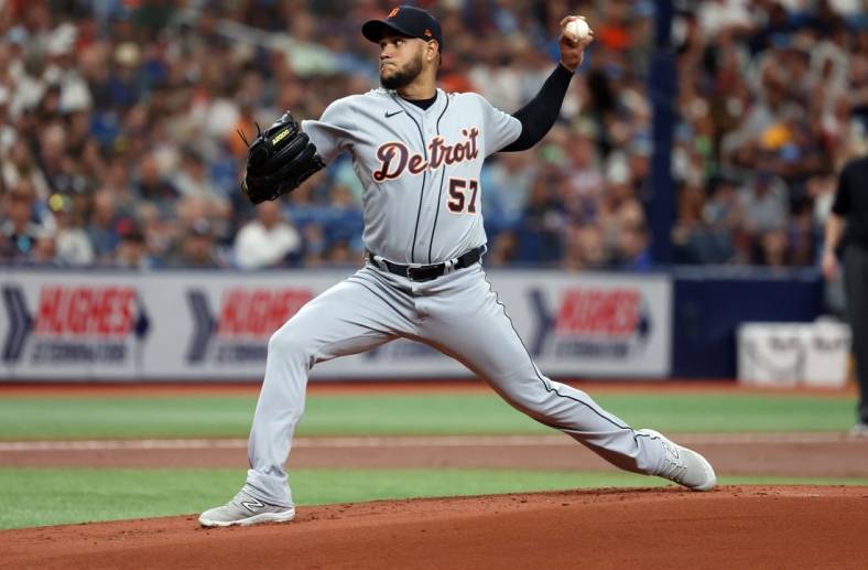Mar 30, 2023; St. Petersburg, Florida, USA; Detroit Tigers starting pitcher Eduardo Rodriguez (57) throws a pitch against the Tampa Bay Rays during the first inning at Tropicana Field. Mandatory Credit: Kim Klement-USA TODAY Sports