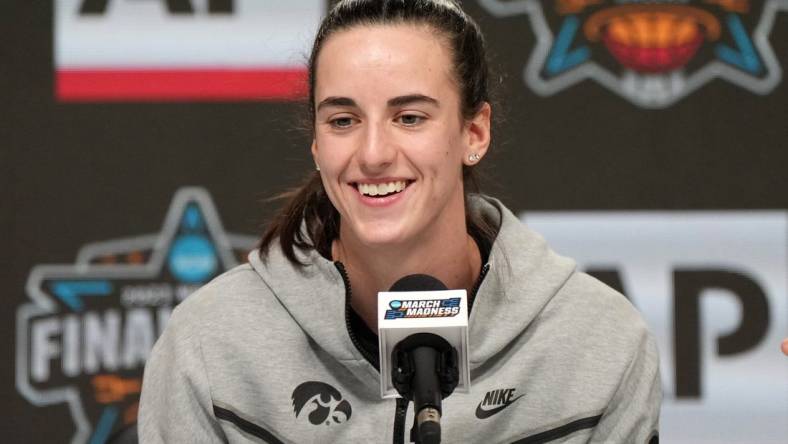 Mar 30, 2023; Dallas, TX, USA; Iowa Hawkeyes guard Caitlin Clark at the Associated Press Coach and Player of the Year press conference at the American Airlines Center. Mandatory Credit: Kirby Lee-USA TODAY Sports