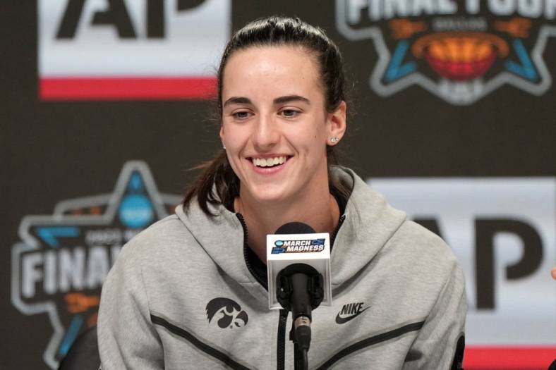 Mar 30, 2023; Dallas, TX, USA; Iowa Hawkeyes guard Caitlin Clark at the Associated Press Coach and Player of the Year press conference at the American Airlines Center. Mandatory Credit: Kirby Lee-USA TODAY Sports