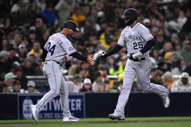 Colorado Rockies' Vinny Castilla, right, is congratulated by