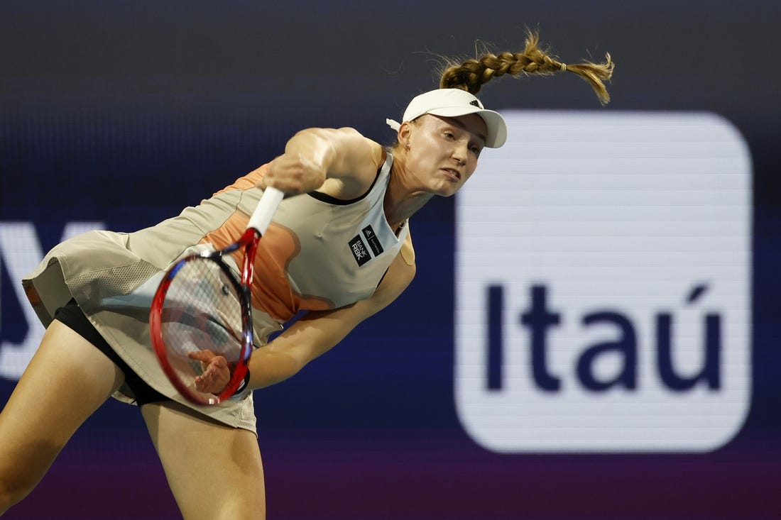 Mar 30, 2023; Miami, Florida, US; Elena Rybakina (KAZ) serves against Jessica Pegula (USA) (not pictured) in a women's singles semifinal on day eleven of the Miami Open at Hard Rock Stadium. Mandatory Credit: Geoff Burke-USA TODAY Sports