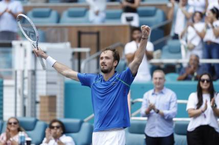 Mar 31, 2023; Miami, Florida, US; Daniil Medvedev celebrates after his match against Karen Khachanov (not pictured) in a men's singles semifinal on day twelve on the Miami Open at Hard Rock Stadium. Mandatory Credit: Geoff Burke-USA TODAY Sports