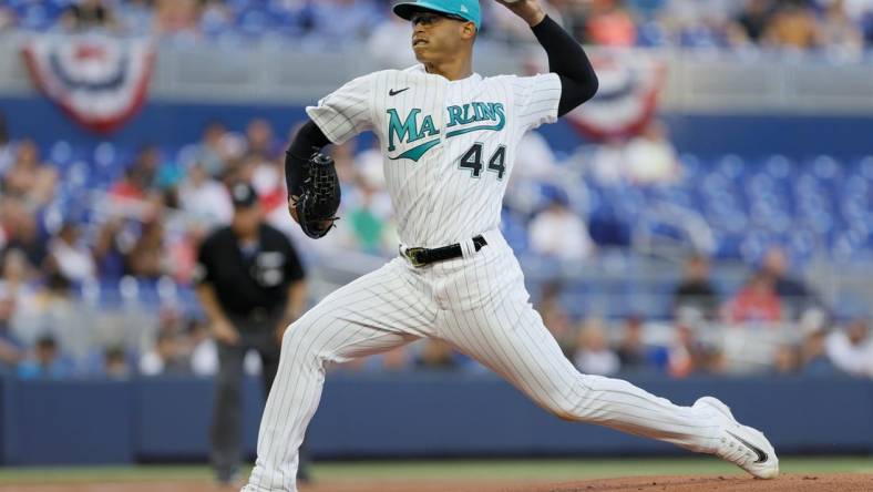 Mar 31, 2023; Miami, Florida, USA; Miami Marlins starting pitcher Jesus Luzardo (44) delivers a pitch during the first inning against the New York Mets at loanDepot Park. Mandatory Credit: Sam Navarro-USA TODAY Sports
