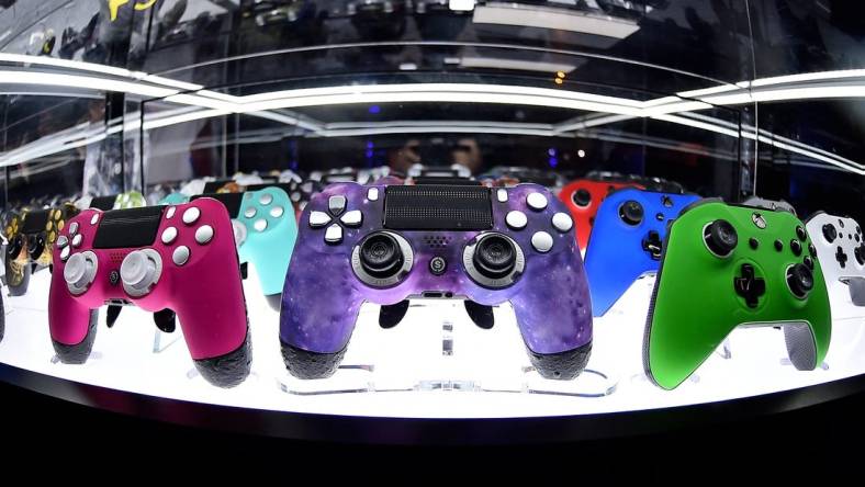 Jul 21, 2019; Miami Beach, FL, USA; A general view of gaming controllers on display during the Call of Duty League Finals e-sports event at Miami Beach Convention Center. Mandatory Credit: Jasen Vinlove-USA TODAY Sports