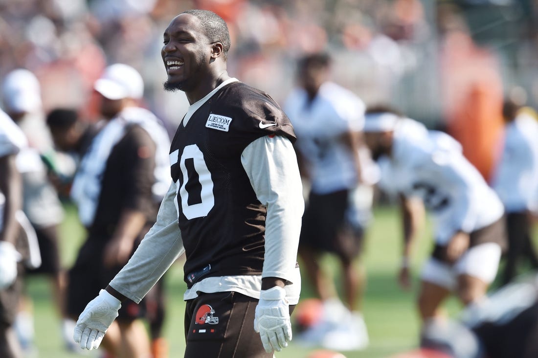 Jul 25, 2019; Berea, OH, USA; Cleveland Browns defensive end Chris Smith (50) smiles during training camp at the Cleveland Browns Training Complex. Mandatory Credit: Ken Blaze-USA TODAY Sports