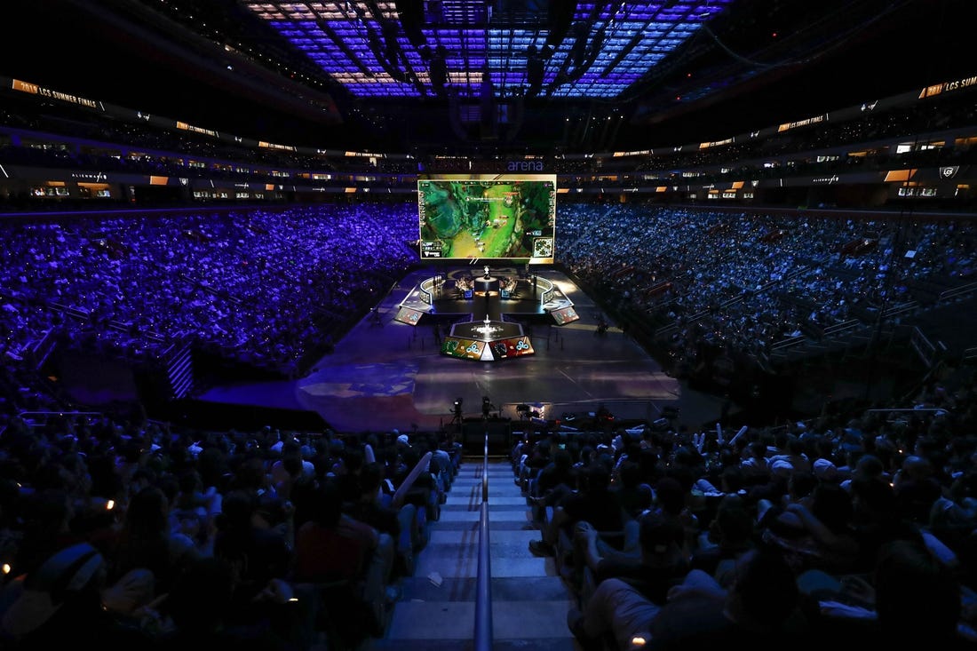 Aug 25, 2019; Detroit, MI, USA; Team Liquid (center left) competes against Cloud9 (center right) during the LCS Summer Finals event at Little Caesars Arena. Mandatory Credit: Raj Mehta-USA TODAY Sports