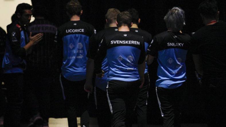 Aug 25, 2019; Detroit, MI, USA; Cloud9 player Dennis Johnsen aka Svenskeren walks off the arena floor with his teammates during the LCS Summer Finals event against Team Liquid at Little Caesars Arena. Mandatory Credit: Raj Mehta-USA TODAY Sports