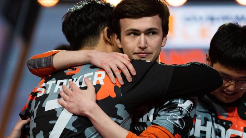 Sep 29, 2019; Philadelphia, PA, USA; San Francisco Shock Matthew DeLisi hugs NamJu Gwon after winning the championship in the Overwatch League Grand Finals e-sports event at Wells Fargo Center. Mandatory Credit: Bill Streicher-USA TODAY Sports