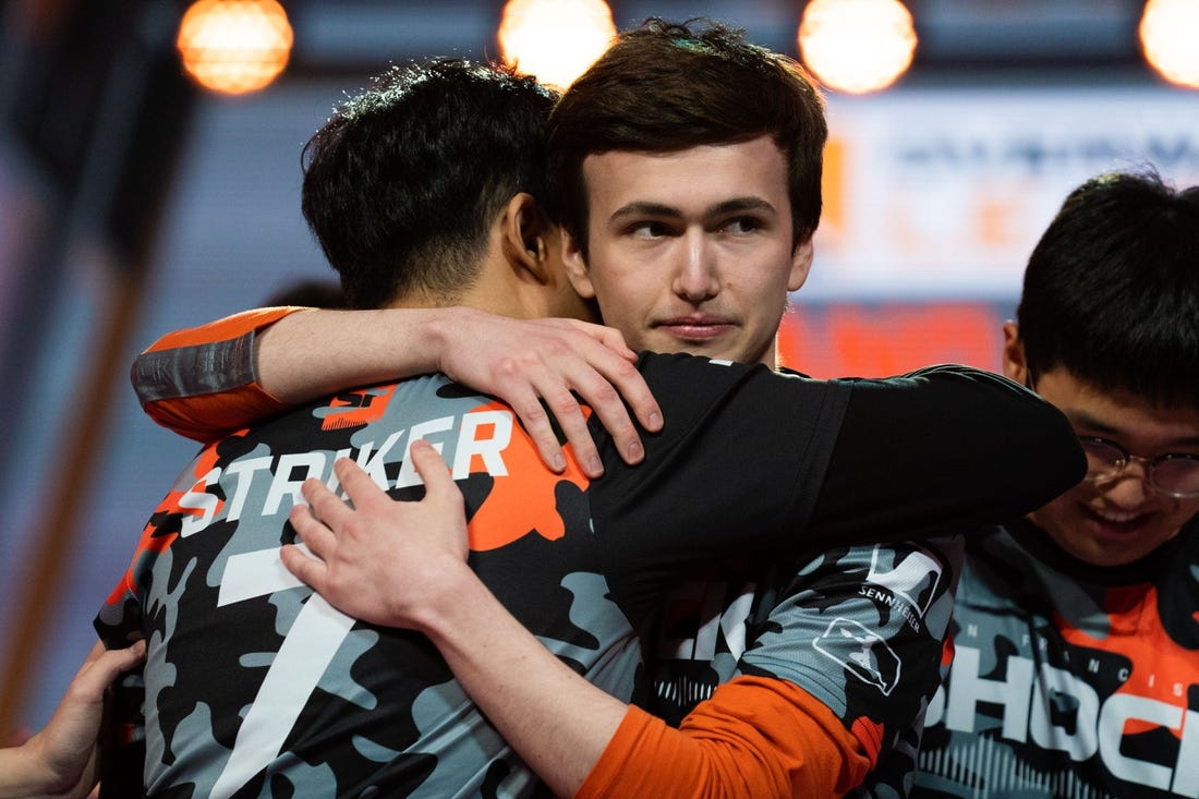 Sep 29, 2019; Philadelphia, PA, USA; San Francisco Shock Matthew DeLisi hugs NamJu Gwon after winning the championship in the Overwatch League Grand Finals e-sports event at Wells Fargo Center. Mandatory Credit: Bill Streicher-USA TODAY Sports