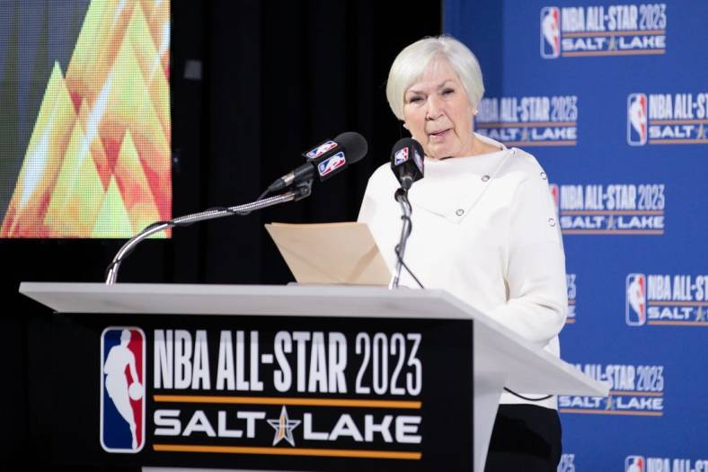 Oct 23, 2019; Salt Lake City, UT, USA; Utah Jazz owner Gail Miller speaks to the press during the 2023 NB All-Star announcement at Vivint Smart Home Arena. Mandatory Credit: Chris Nicoll-USA TODAY Sports
