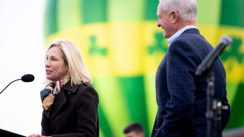 Dee Haslam and her husband Jimmy Haslam speak at the grand opening celebration for the Haslam-Sansom Emerald Youth Foundation complex in Lonsdale in Knoxville, Tenn. on Thursday, Dec. 12, 2019.

Kns Grace 1222