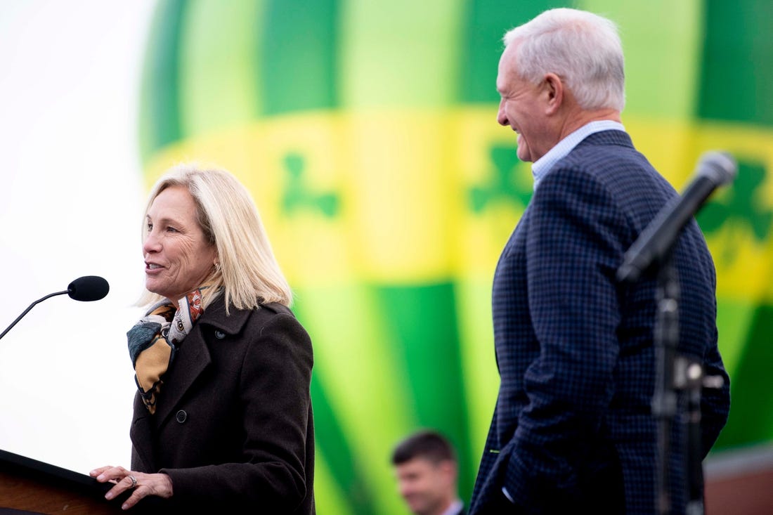 Dee Haslam and her husband Jimmy Haslam speak at the grand opening celebration for the Haslam-Sansom Emerald Youth Foundation complex in Lonsdale in Knoxville, Tenn. on Thursday, Dec. 12, 2019.

Kns Grace 1222