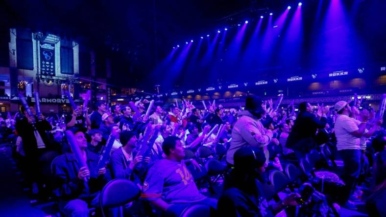 Jan 26, 2020; Minneapolis, Minnesota, USA; Fans react as the Minnesota Rokkr battle the Toronto Ultra during the Call of Duty League Launch Weekend at The Armory. Mandatory Credit: Bruce Kluckhohn-USA TODAY Sports