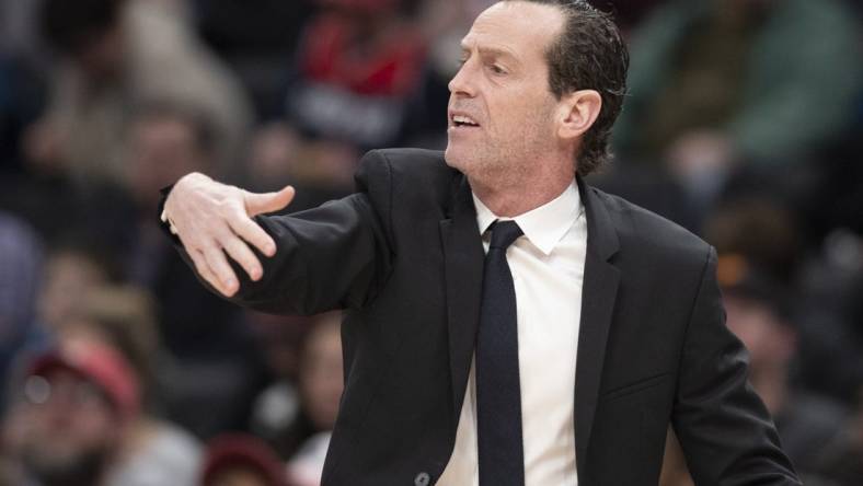 Feb 1, 2020; Washington, District of Columbia, USA;  Brooklyn Nets head coach Kenny Atkinson reacts during the second half against the Washington Wizards at Capital One Arena. Mandatory Credit: Tommy Gilligan-USA TODAY Sports