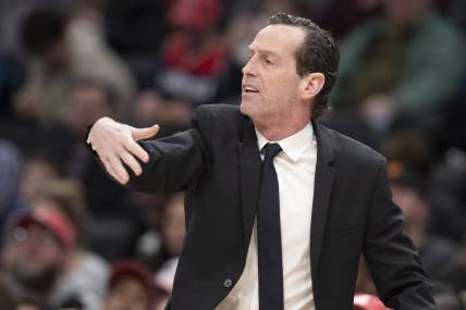 Feb 1, 2020; Washington, District of Columbia, USA;  Brooklyn Nets head coach Kenny Atkinson reacts during the second half against the Washington Wizards at Capital One Arena. Mandatory Credit: Tommy Gilligan-USA TODAY Sports