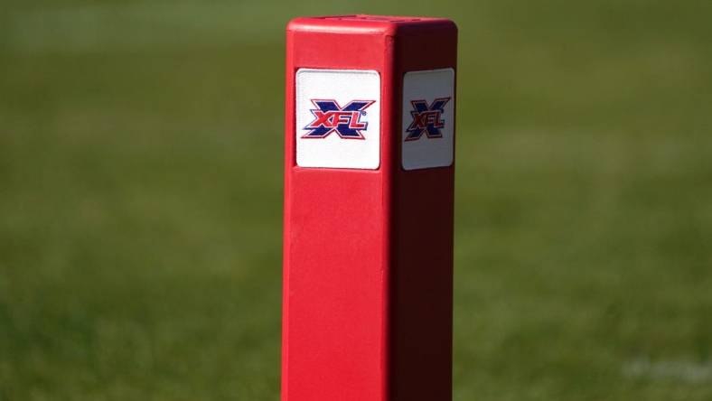 Feb 16, 2020; Carson, California, USA; Detailed view of pylon with XFL logo during the game between the LA Wildcats and the Dallas Renegades Dignity Health Sports Park. Mandatory Credit: Kirby Lee-USA TODAY Sports