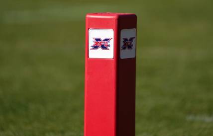 Feb 16, 2020; Carson, California, USA; Detailed view of pylon with XFL logo during the game between the LA Wildcats and the Dallas Renegades Dignity Health Sports Park. Mandatory Credit: Kirby Lee-USA TODAY Sports