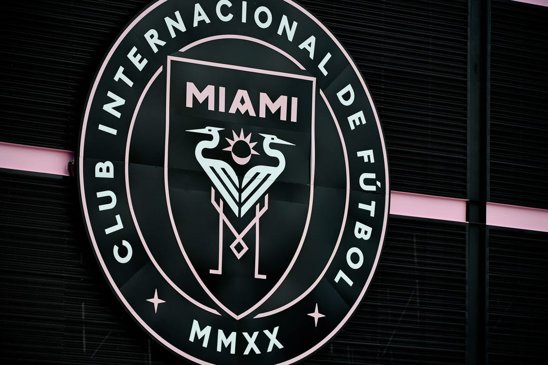 Aug 22, 2020; Fort Lauderdale, FL, Fort Lauderdale, FL, USA; A general view of the Inter Miami logo outside of Inter Miami CF Stadium prior to the match between the Inter Miami and the Orlando City. Mandatory Credit: Jasen Vinlove-USA TODAY Sports