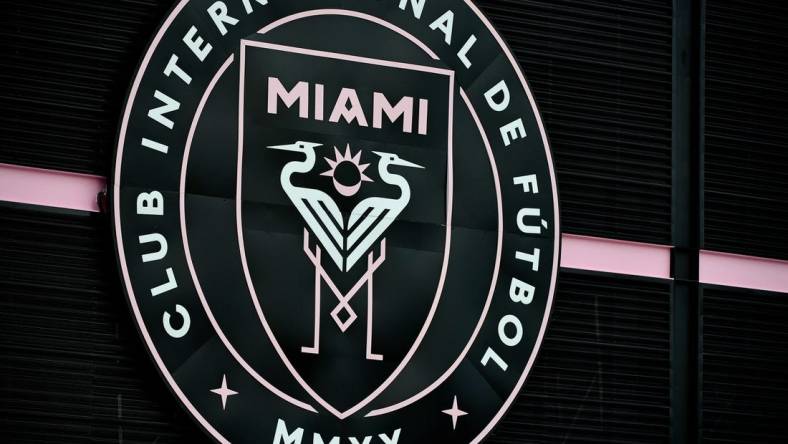 Aug 22, 2020; Fort Lauderdale, FL, Fort Lauderdale, FL, USA; A general view of the Inter Miami logo outside of Inter Miami CF Stadium prior to the match between the Inter Miami and the Orlando City. Mandatory Credit: Jasen Vinlove-USA TODAY Sports