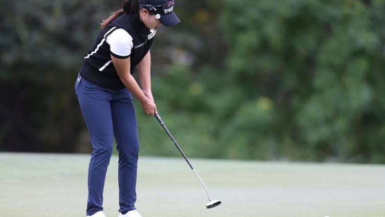 Dec 11, 2020; Houston, Texas, USA; Yu Jin Sung puts on the third green during the second round of the U.S. Women's Open golf tournament at Champions Golf Club. Mandatory Credit: Thomas Shea-USA TODAY Sports