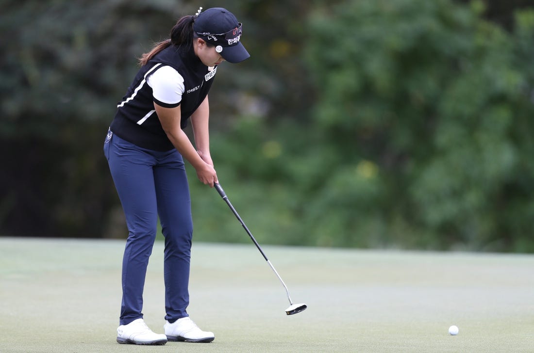 Dec 11, 2020; Houston, Texas, USA; Yu Jin Sung puts on the third green during the second round of the U.S. Women's Open golf tournament at Champions Golf Club. Mandatory Credit: Thomas Shea-USA TODAY Sports