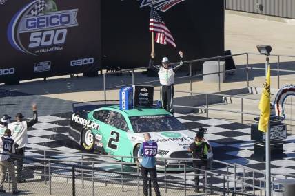 Apr 25, 2021; Talladega, Alabama, USA; NASCAR Cup Series driver Brad Keselowski (2) celebrates after winning the GEICO 500 at Talladega Superspeedway. Mandatory Credit: Marvin Gentry-USA TODAY Sports