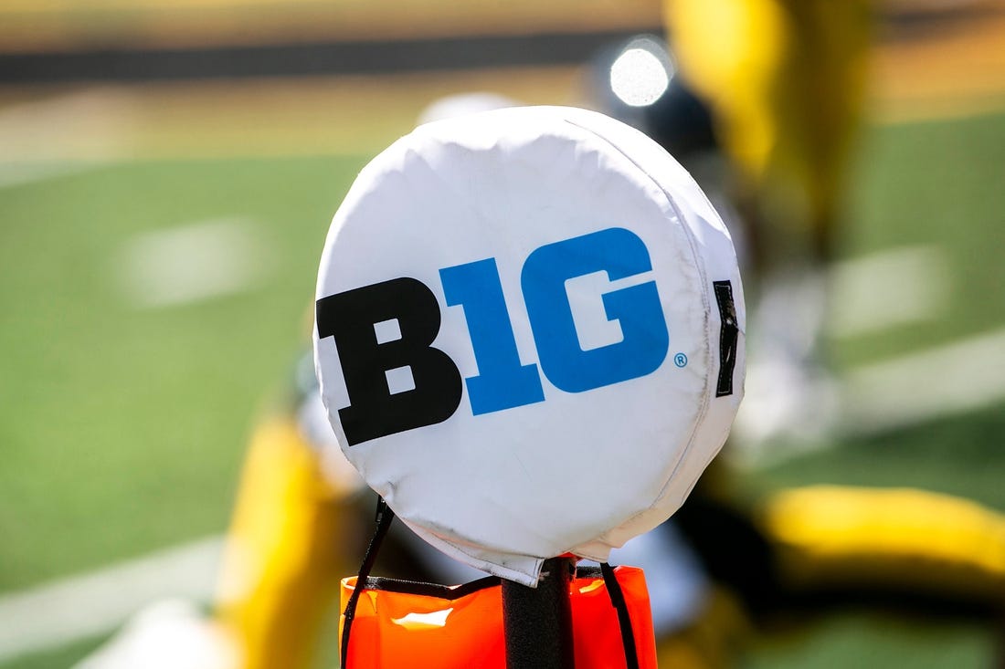 The logo of the Big Ten Conference is seen on a yard marker during Iowa Hawkeyes football Kids Day at Kinnick open practice, Saturday, Aug. 14, 2021, at Kinnick Stadium in Iowa City, Iowa.

210814 Ia Fb Kids Day 109 Jpg