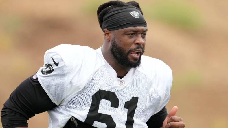 Aug 18, 2021; Thousand Oaks, CA, USA;  Las Vegas Raiders defensive tackle Gerald McCoy (61) during a joint practice against the Los Angeles Rams. Mandatory Credit: Kirby Lee-USA TODAY Sports