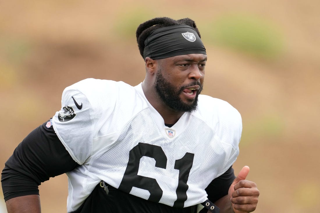 Aug 18, 2021; Thousand Oaks, CA, USA;  Las Vegas Raiders defensive tackle Gerald McCoy (61) during a joint practice against the Los Angeles Rams. Mandatory Credit: Kirby Lee-USA TODAY Sports
